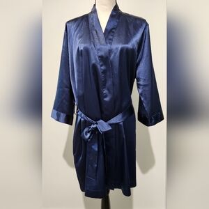 Satin robe, navy blue, 100%polyester